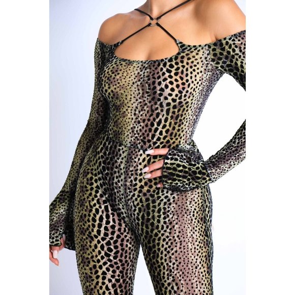 Women's Cheetah Flared Sleeve O-Ring Off Shoulder Jumpsuit Party Club Jumpsuit - Picture 2 of 10